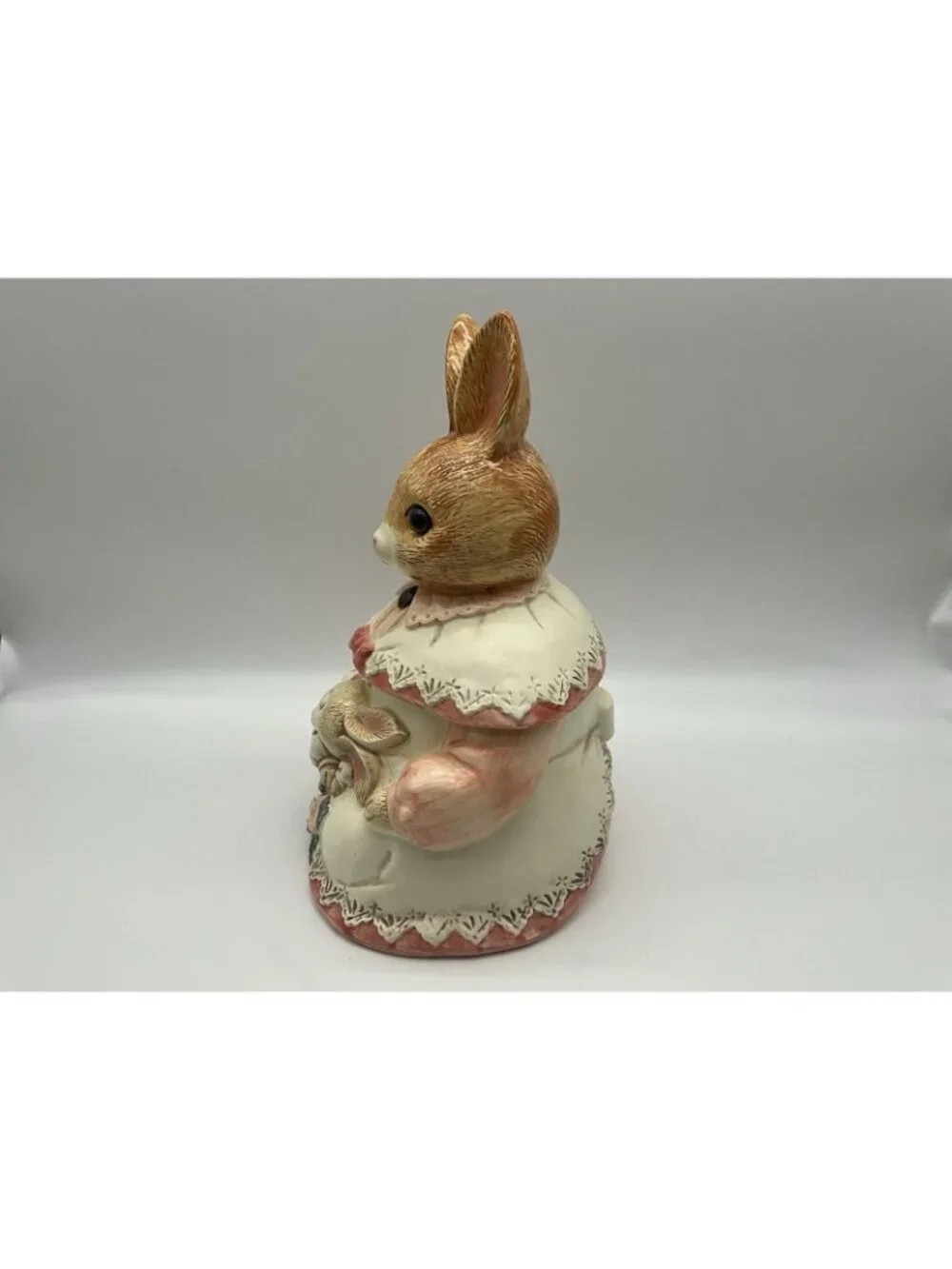 Mother Rabbit Vintage 1980s Ceramic Cookie Jar Made in Japan Pink and White